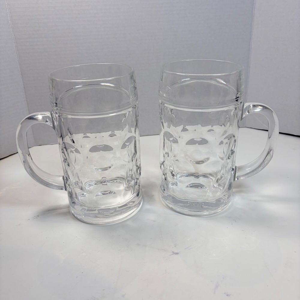 Unbranded Beer Stein Mug Set 6.25" Clear Dimpled‎ Glass German Style Barware 2pc